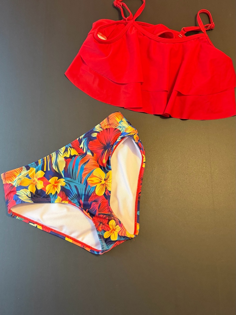Girls Red Ruffle Bikini Top with Tropical Floral Bottom